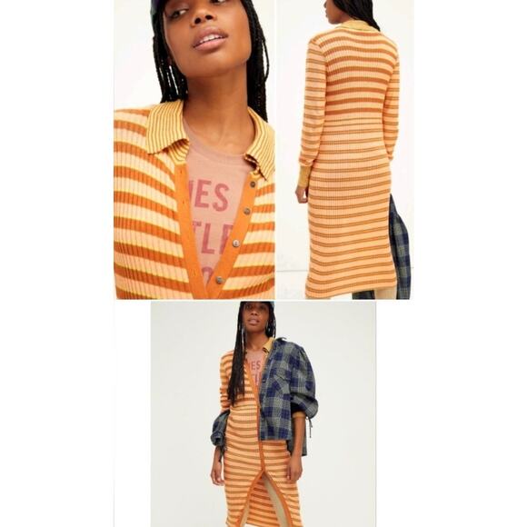 Free People Dresses & Skirts - NEW Free People Vista Cardi Orange Striped Ribbed Sweater Midi Dress Size Small